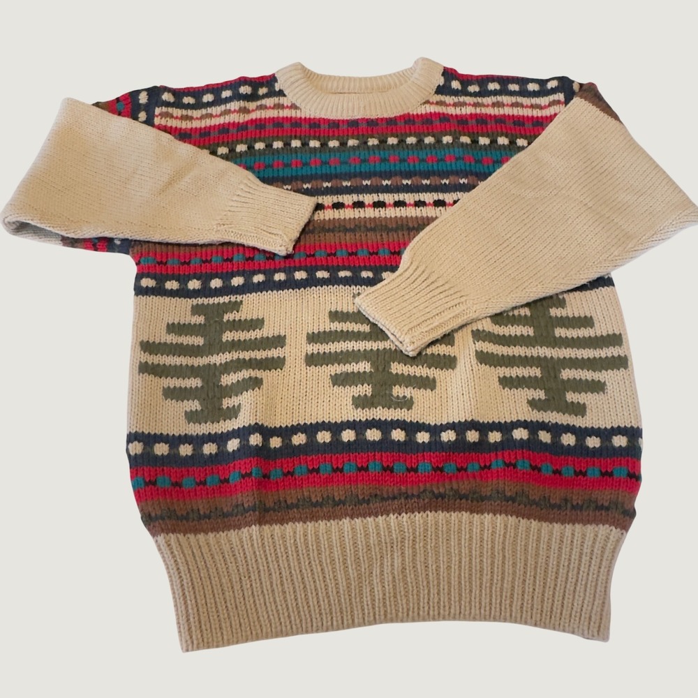 Together! Sweater Beige Fair Isle Geometric Tree Vintage 90s Medium Boho Cozy